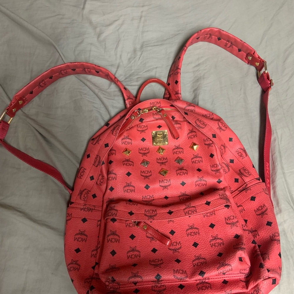 MCM Red Pink Stark Studded Medium Backpack